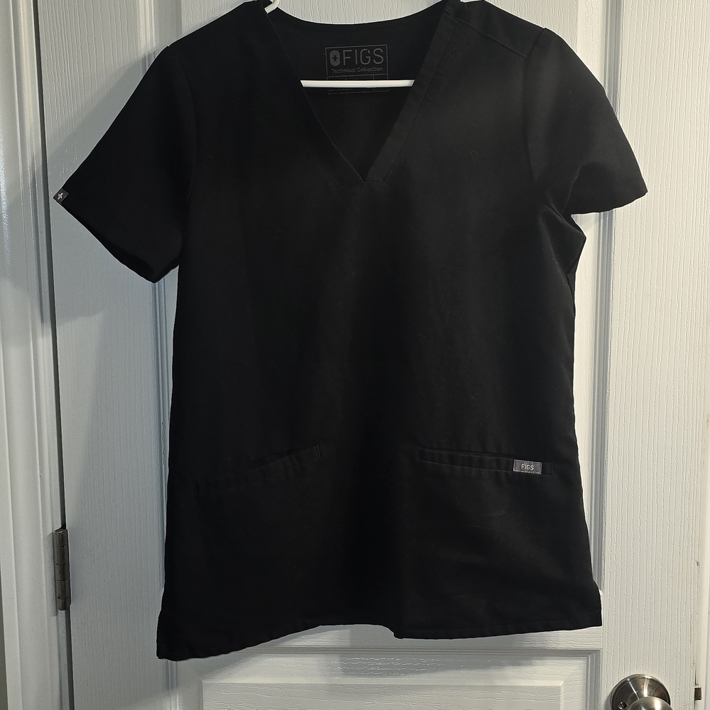 Figs Black V-Neck Scrub Top 2 Pocket